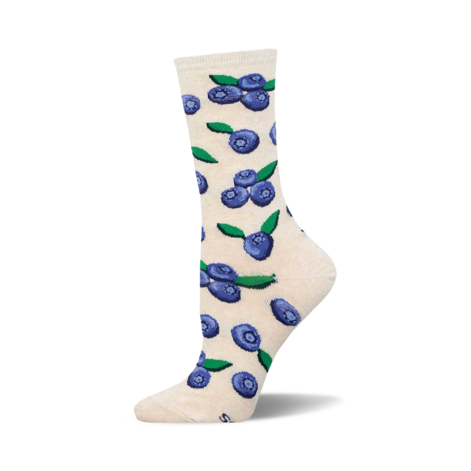 Cream crew socks with a scattered pattern of illustrated blueberries and green leaves.  A fun, fruity sock design.