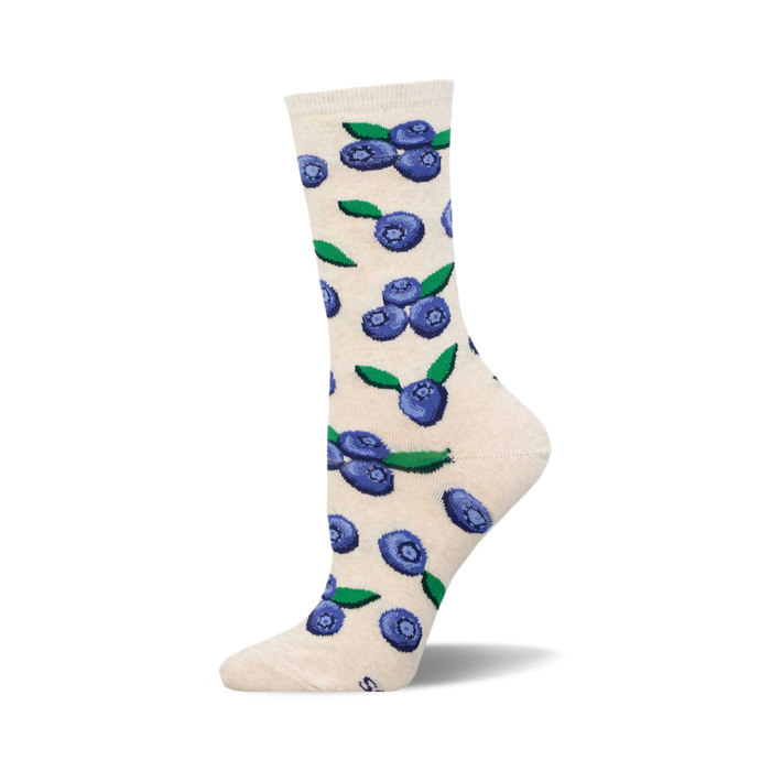 the off-white socks have a pattern of blueberries with green leaves. }}
