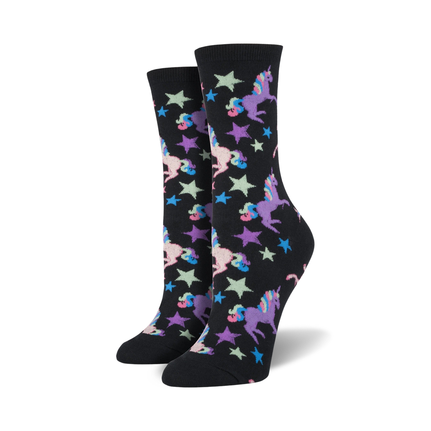 A pair of crew socks in black with pastel unicorns and stars.  Fun, whimsical design.