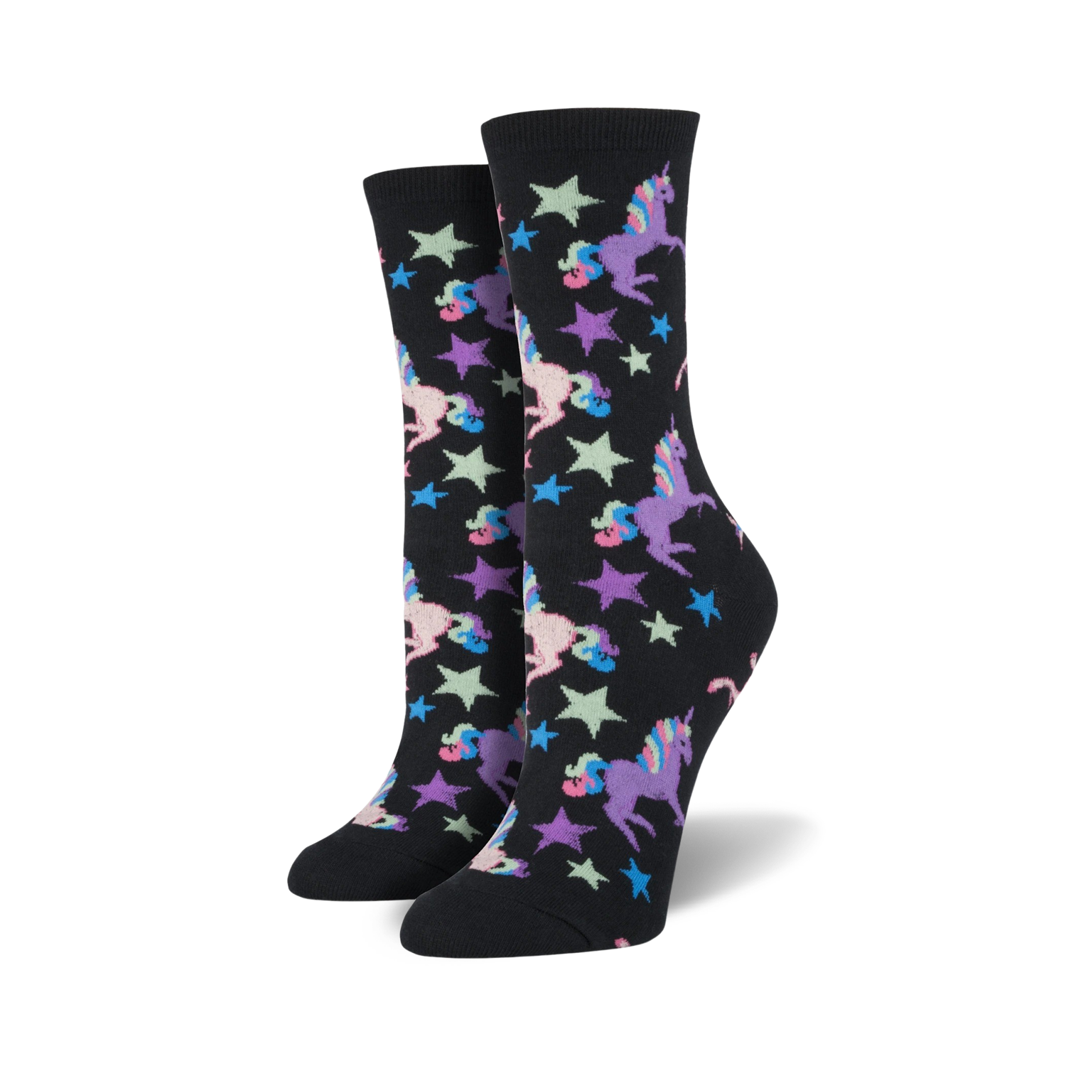A pair of crew socks in black with pastel unicorns and stars.  Fun, whimsical design.