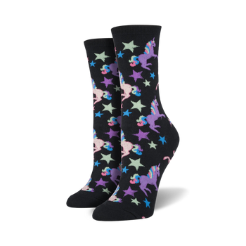 black crew socks with white, pink, purple, and blue unicorns with rainbow manes and tails, and yellow, pink, blue, and green stars.    