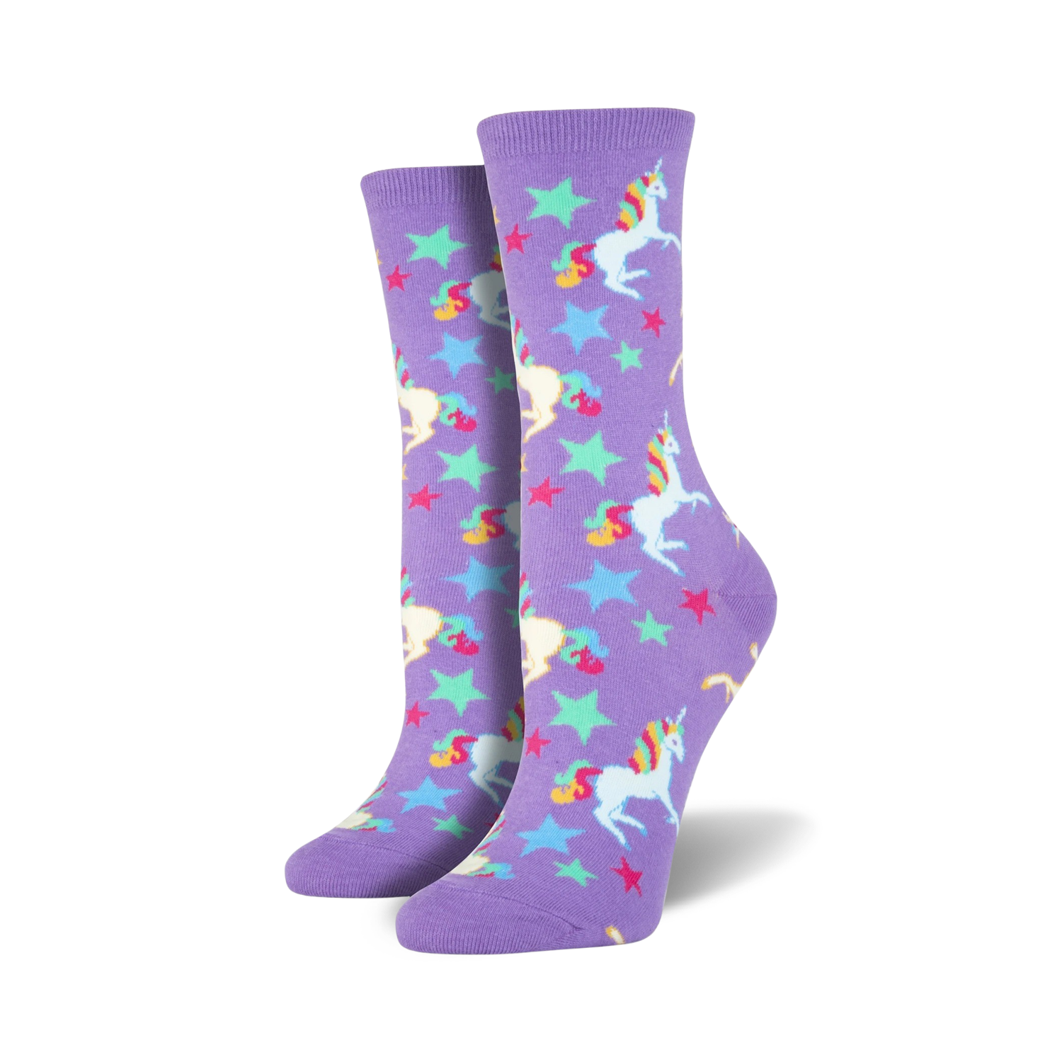 Lifestyle shot of a person wearing purple unicorn crew socks. The socks are shown from the knees down.