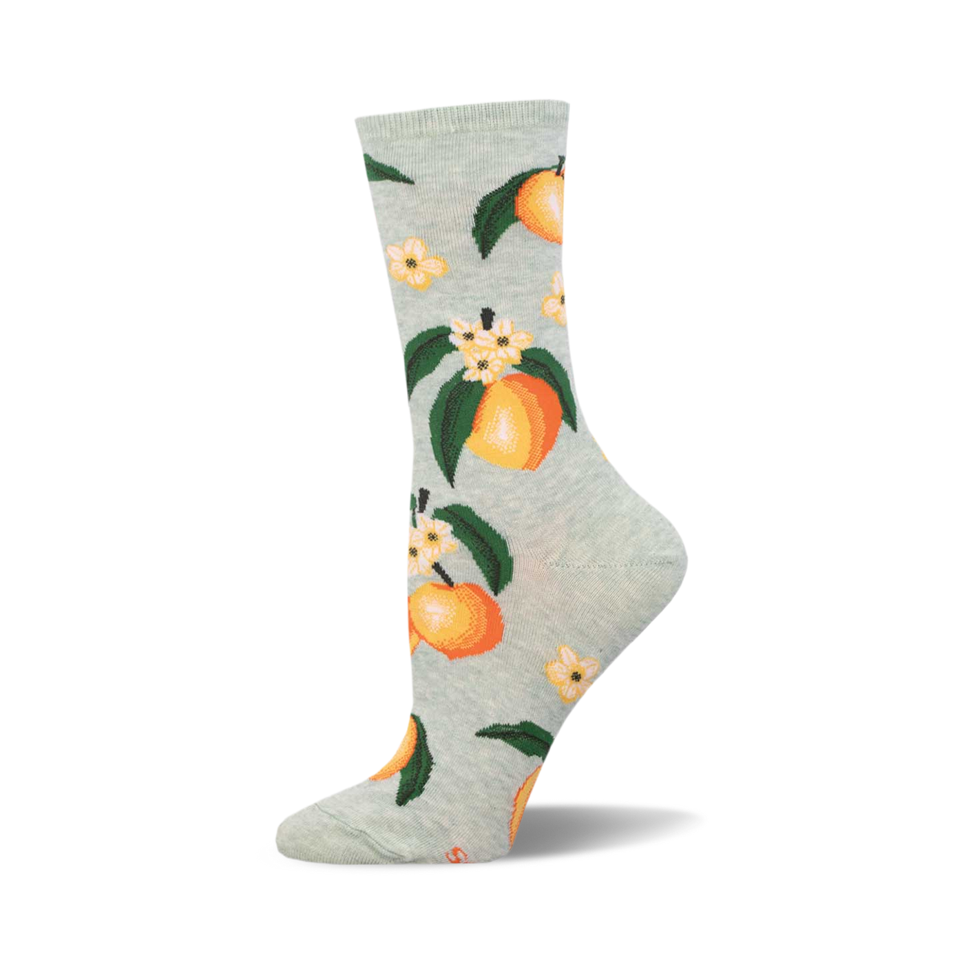A pair of light green crew socks adorned with a repeating pattern of ripe peaches, green leaves, and delicate white flowers.