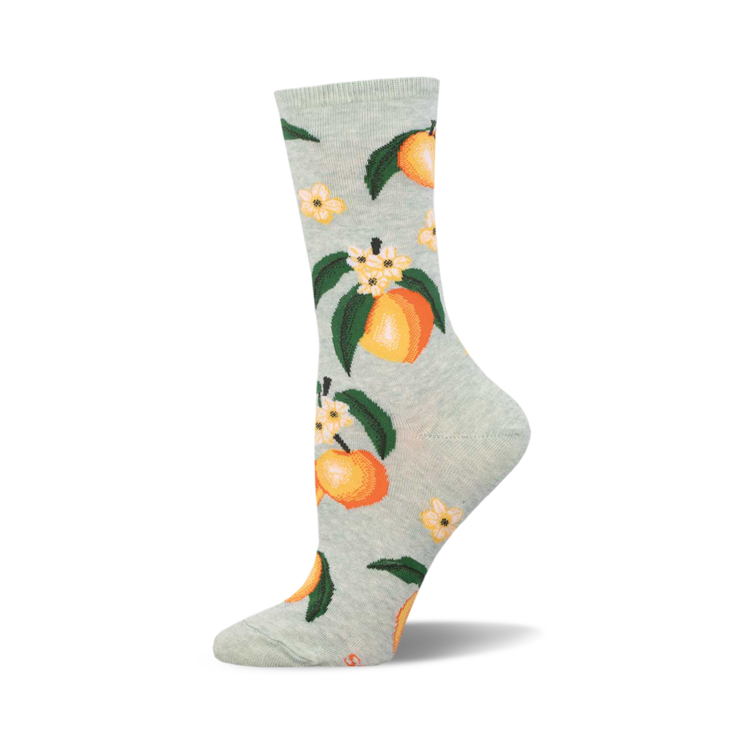 A pair of light green crew socks adorned with a repeating pattern of ripe peaches, green leaves, and delicate white flowers.