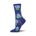 Women's crew socks in deep purple, adorned with a repeating pattern of light purple hydrangeas and green leaves.
