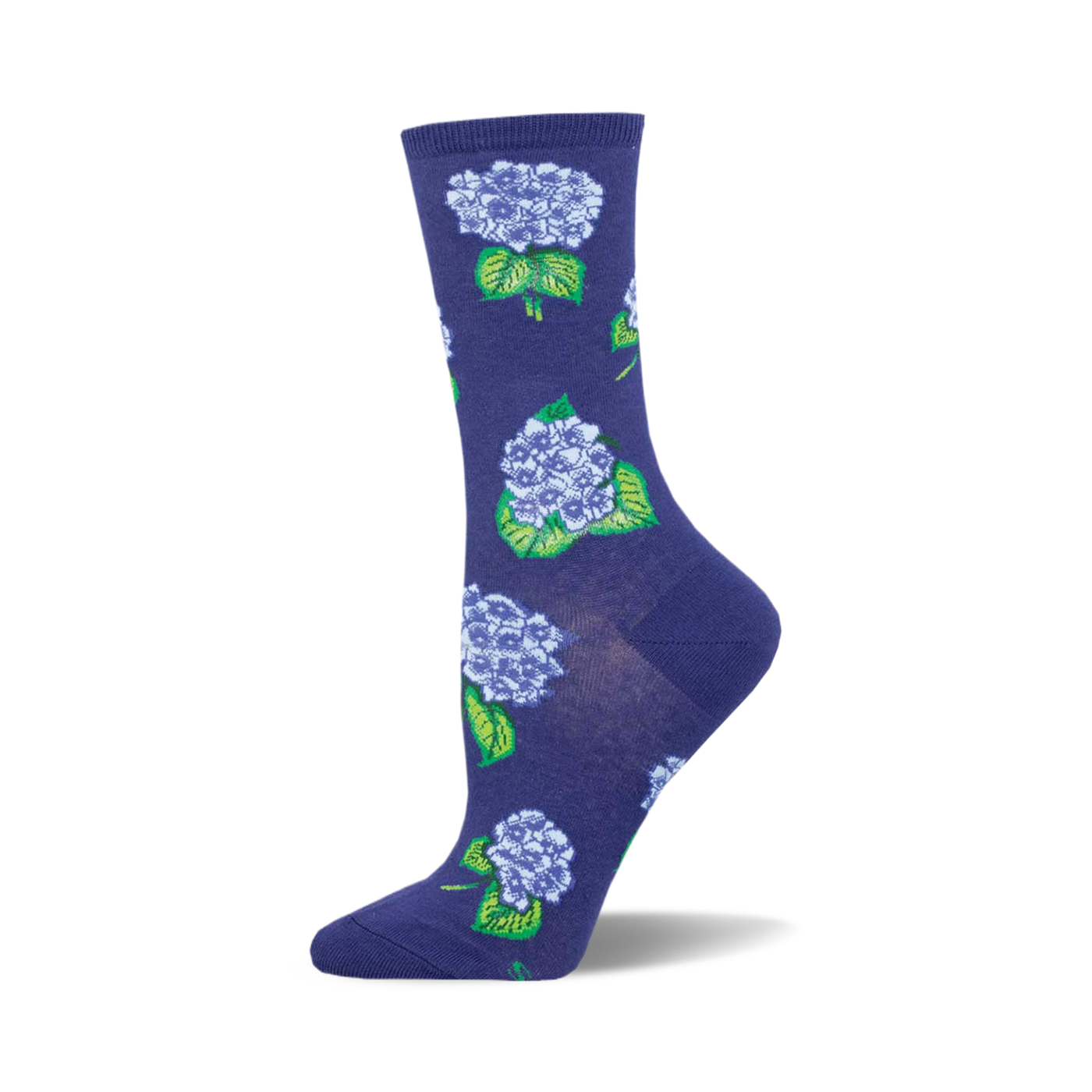 Women's crew socks in deep purple, adorned with a repeating pattern of light purple hydrangeas and green leaves.