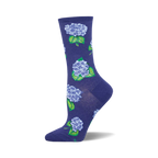 Women's crew socks in deep purple, adorned with a repeating pattern of light purple hydrangeas and green leaves.
