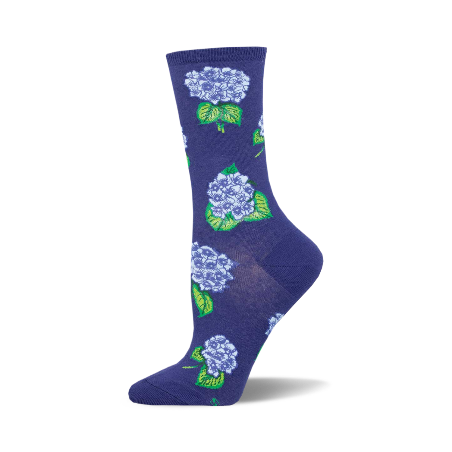 Women's crew socks in deep purple, adorned with a repeating pattern of light purple hydrangeas and green leaves.