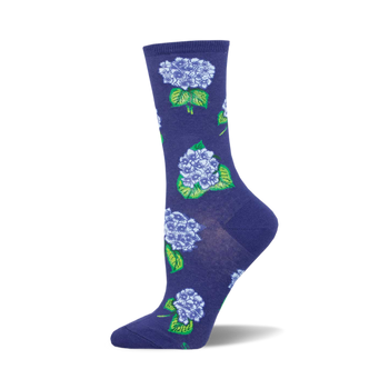socks that are dark blue with a pattern of light blue, purple, and green hydrangeas.