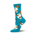Teal crew socks featuring a whimsical pattern of sugar skulls decorated with flowers and monarch butterflies.