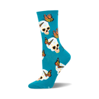 Teal crew socks featuring a whimsical pattern of sugar skulls decorated with flowers and monarch butterflies.
