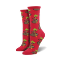 Pair of red crew socks with a repeating pattern of sloths hanging from palm trees and wearing gold chains.
