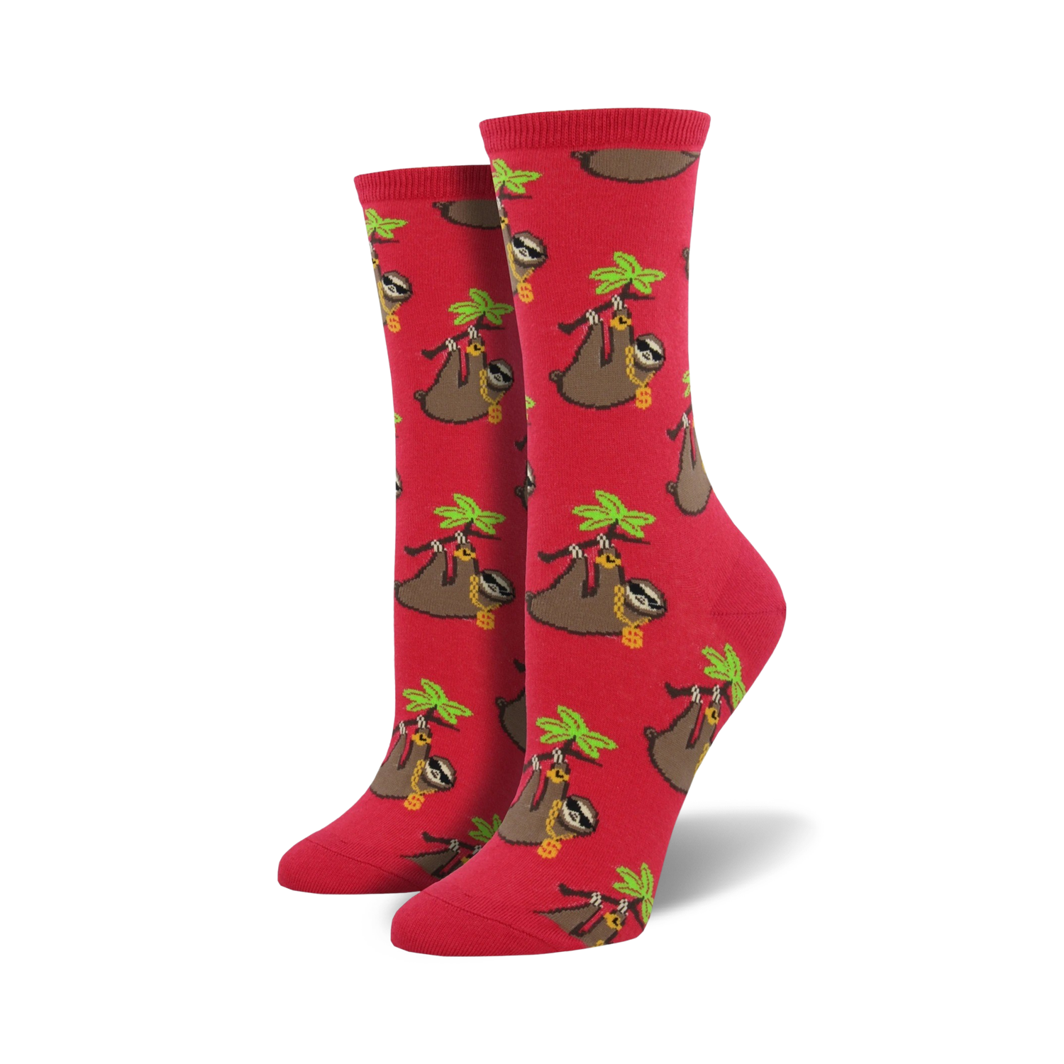 Pair of red crew socks with a repeating pattern of sloths hanging from palm trees and wearing gold chains.