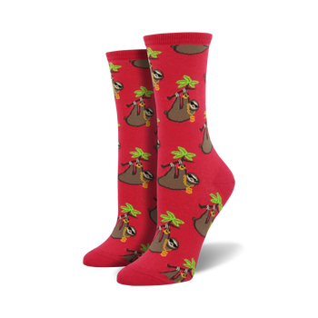 red crew socks with sloths wearing gold chains and sunglasses hanging from green palm trees. women's fashion.  