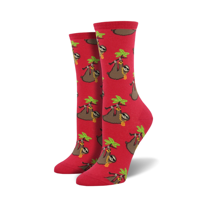 red crew socks with sloths wearing gold chains and sunglasses hanging from green palm trees. women's fashion.   }}