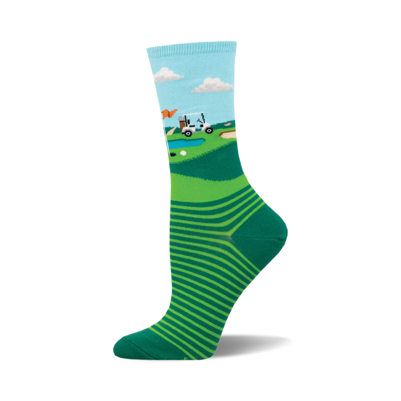Crew socks in light blue, green, and white.  Feature a golf course scene with a golf cart and stripes at the bottom.
