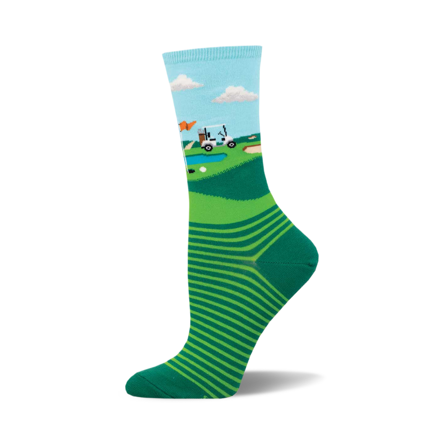 Crew socks in light blue, green, and white.  Feature a golf course scene with a golf cart and stripes at the bottom.
