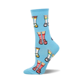 A light blue crew sock displaying a pattern of cartoon legs wearing various sandals.  The socks are comfortable and fun.