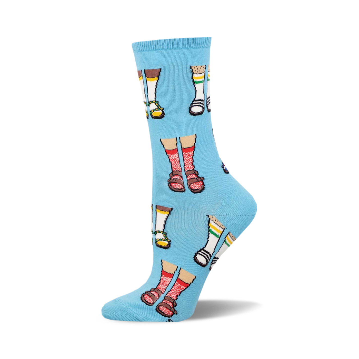 A light blue crew sock displaying a pattern of cartoon legs wearing various sandals.  The socks are comfortable and fun.