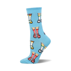 A light blue crew sock displaying a pattern of cartoon legs wearing various sandals.  The socks are comfortable and fun.