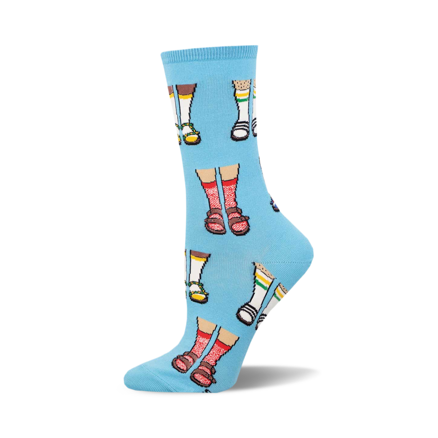 A light blue crew sock displaying a pattern of cartoon legs wearing various sandals.  The socks are comfortable and fun.