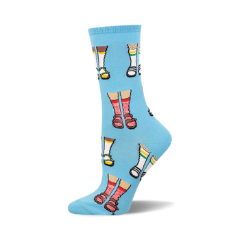 A light blue crew sock displaying a pattern of cartoon legs wearing various sandals.  The socks are comfortable and fun.