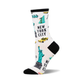 White crew socks with a fun NYC design. Features the Statue of Liberty, yellow cabs, and other city icons in teal and yellow.