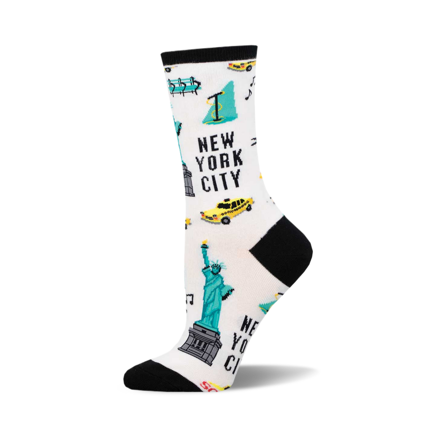White crew socks with a fun NYC design. Features the Statue of Liberty, yellow cabs, and other city icons in teal and yellow.