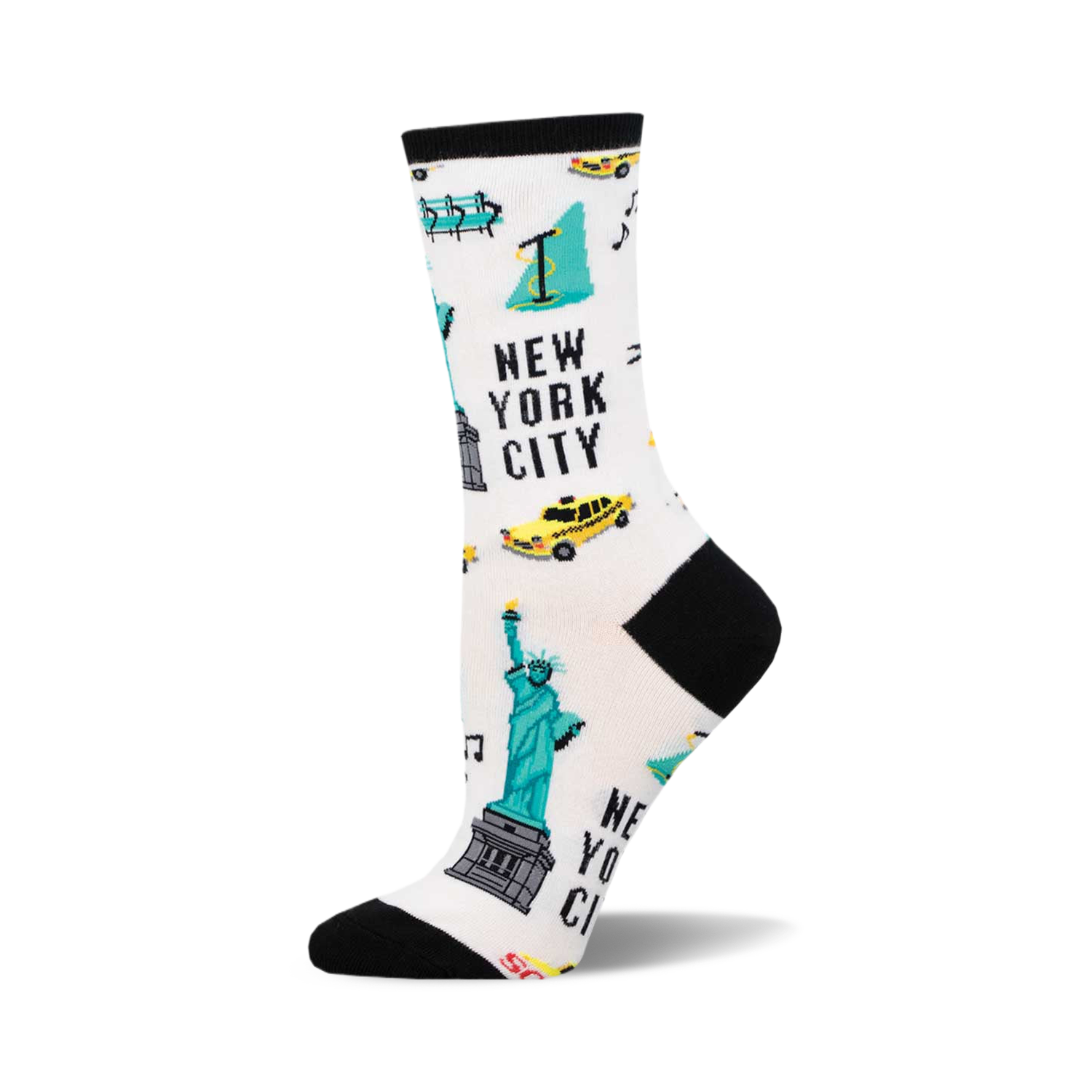 White crew socks with a fun NYC design. Features the Statue of Liberty, yellow cabs, and other city icons in teal and yellow.