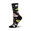 Black crew socks with colorful street food vendor designs: pink & yellow food trucks, ice cream cones, pretzels, and stands.