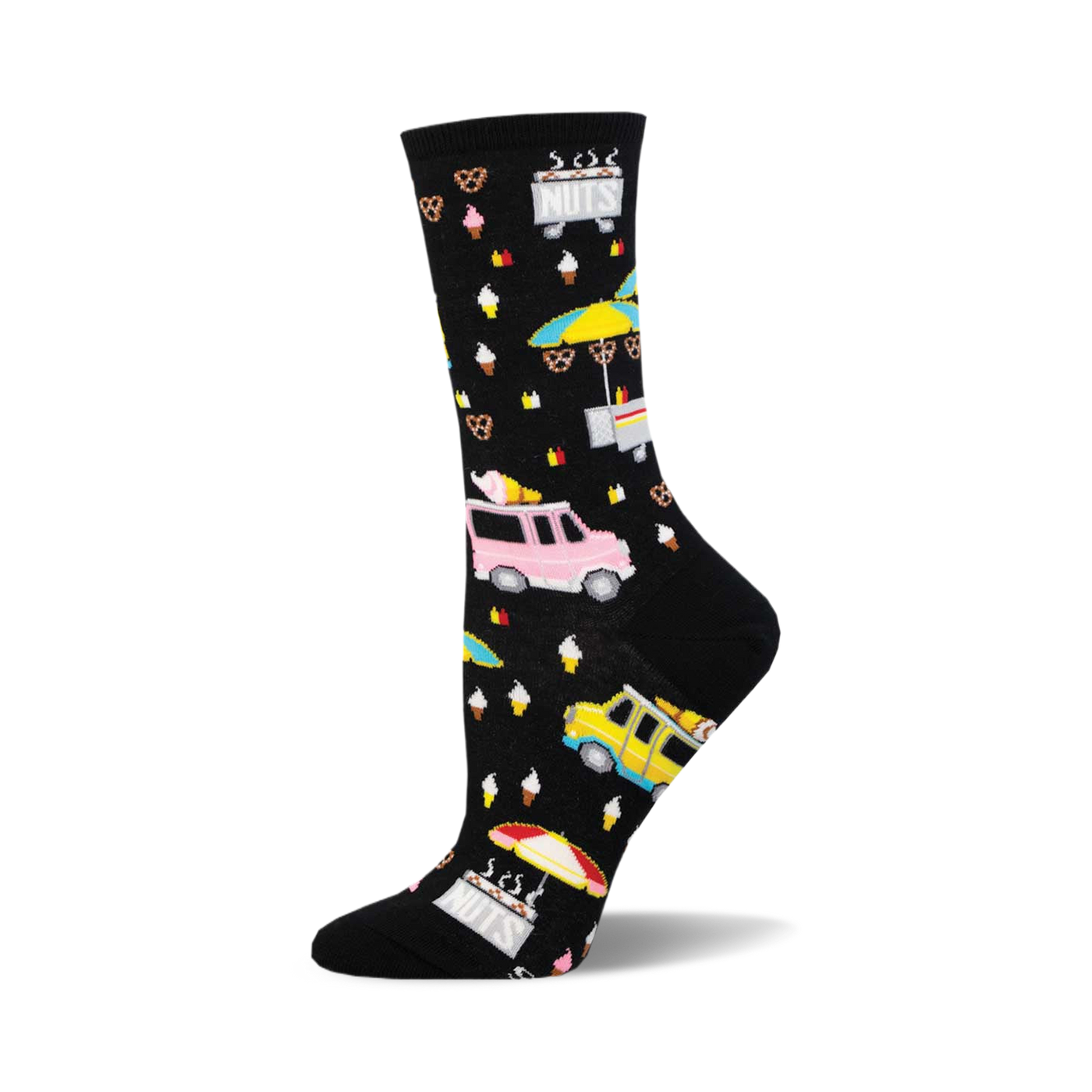 Black crew socks with colorful street food vendor designs: pink & yellow food trucks, ice cream cones, pretzels, and stands.
