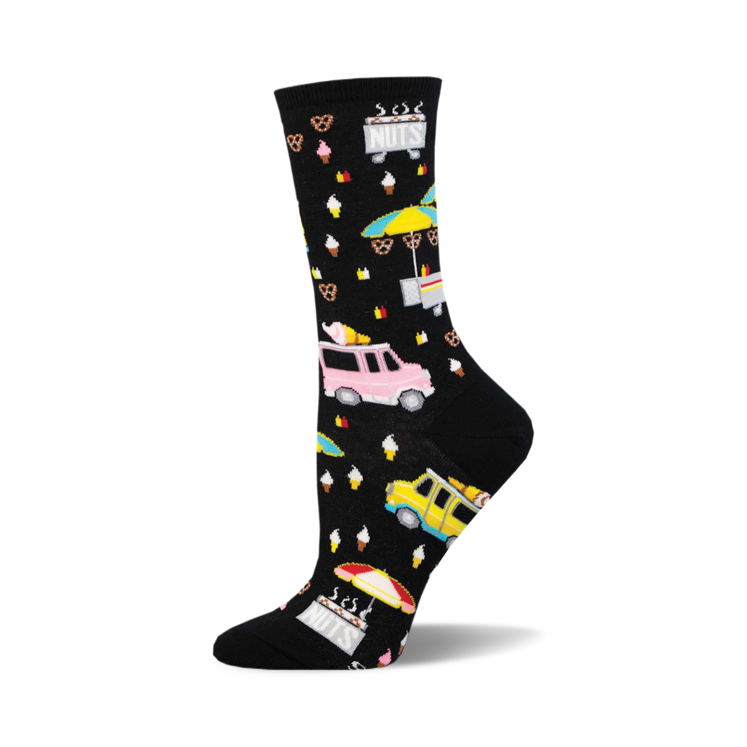 Black crew socks with colorful street food vendor designs: pink & yellow food trucks, ice cream cones, pretzels, and stands.