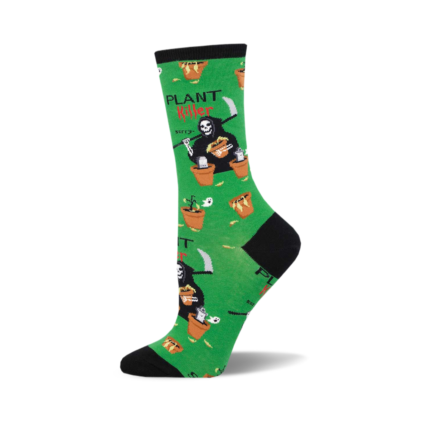 Crew socks in green featuring a Grim Reaper design with potted plants. The text 'Plant Killer' is displayed prominently.