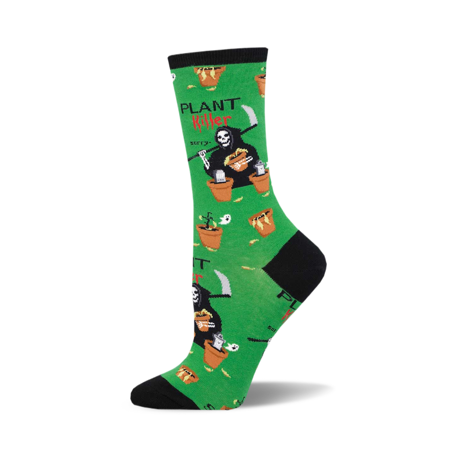 Crew socks in green featuring a Grim Reaper design with potted plants. The text 'Plant Killer' is displayed prominently.