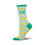 Crew socks in light blue with yellow flowers and a green cuff. The phrase 'Suck It Up Buttercup' is written on the sock.