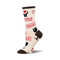 Cream crew socks with a brown cuff.  The socks are covered in red 'Fragile' stamps and 'Handle With Care' text with related icons.