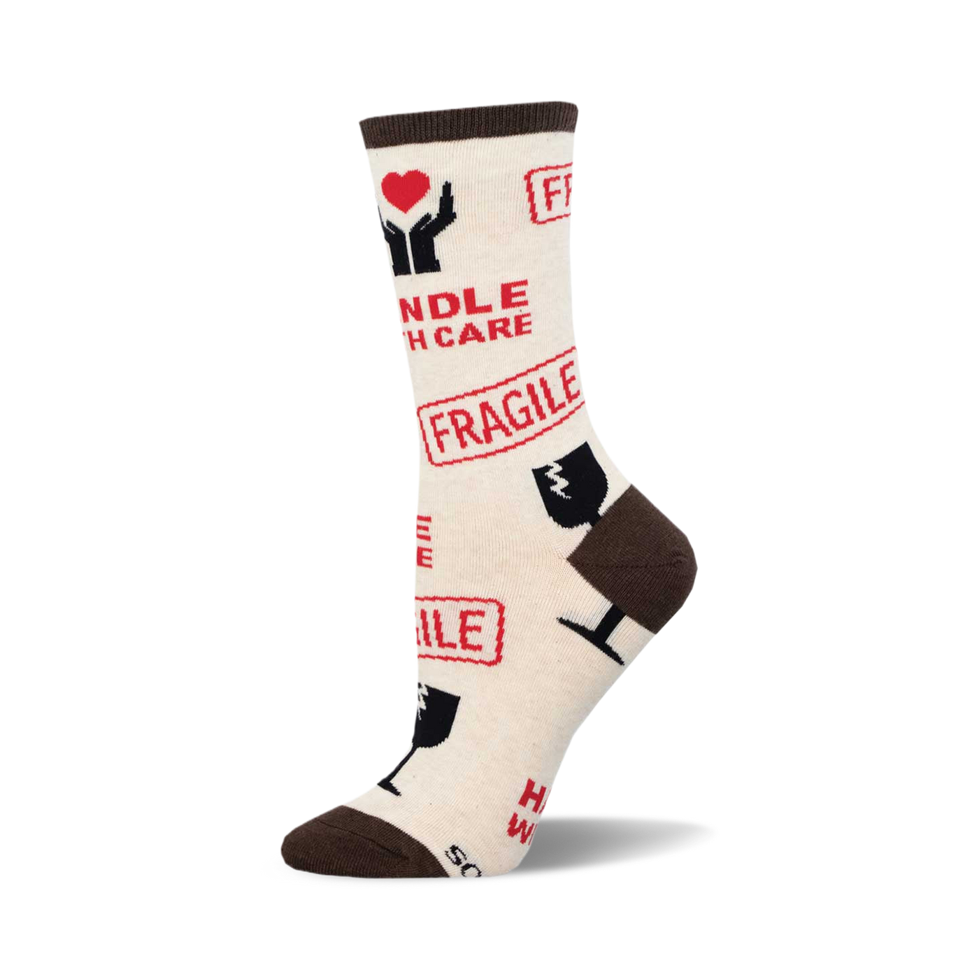 Cream crew socks with a brown cuff.  The socks are covered in red 'Fragile' stamps and 'Handle With Care' text with related icons.
