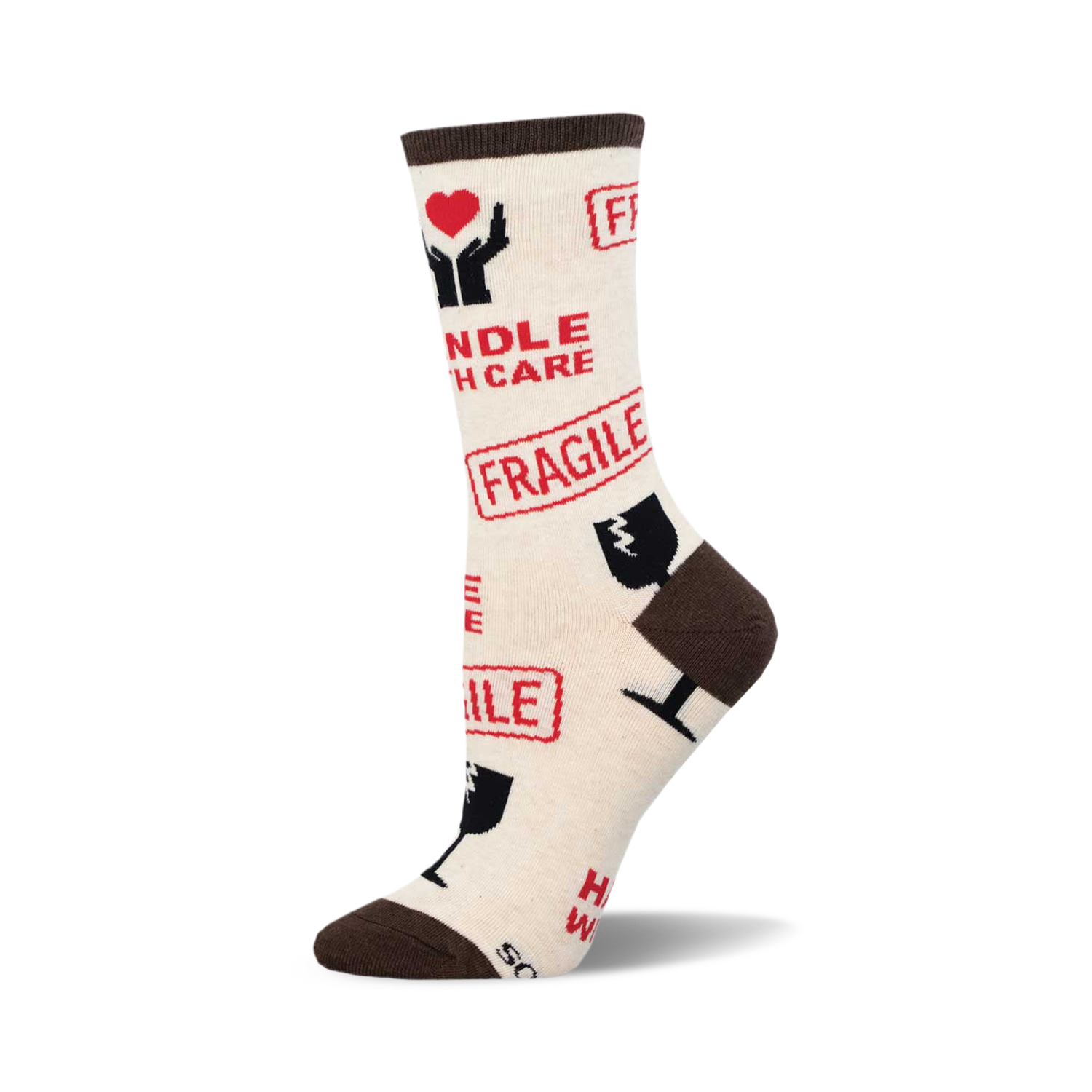 Cream crew socks with a brown cuff.  The socks are covered in red 'Fragile' stamps and 'Handle With Care' text with related icons.