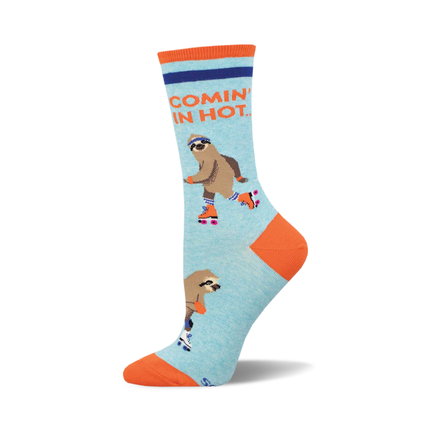 Crew socks in light blue featuring roller-skating sloths and the phrase 'Comin' In Hot.' Orange accents on the heel and toe.
