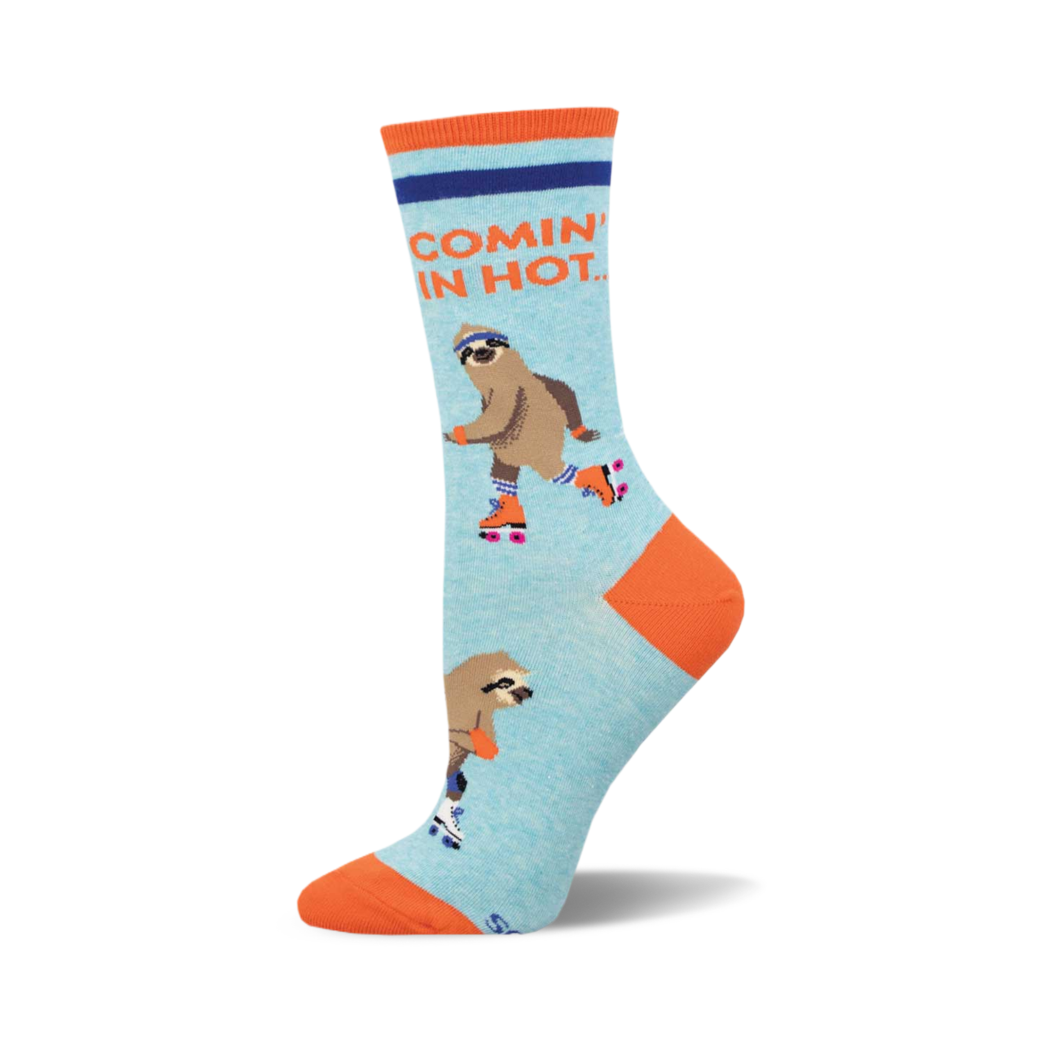 Crew socks in light blue featuring roller-skating sloths and the phrase 'Comin' In Hot.' Orange accents on the heel and toe.