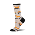 Women's crew socks, grey and white, featuring adorable illustrations of corgis in a 'sploot' position with the word 'SPLOOT!'