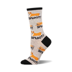 Women's crew socks, grey and white, featuring adorable illustrations of corgis in a 'sploot' position with the word 'SPLOOT!'