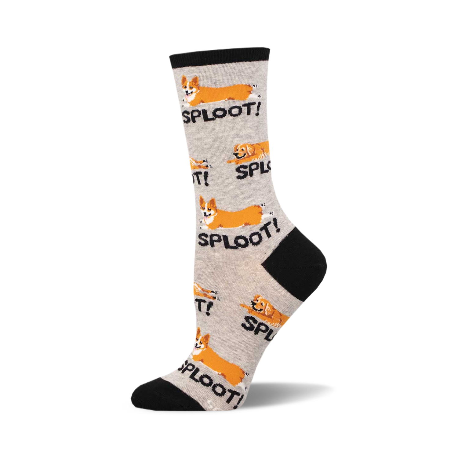Women's crew socks, grey and white, featuring adorable illustrations of corgis in a 'sploot' position with the word 'SPLOOT!'