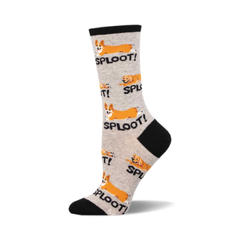 socks that are gray with a black toe and heel. they have a pattern of dogs in various sploot positions. the word 'sploot!' is written in black text next to each dog.