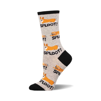 Women's crew socks, grey and white, featuring adorable illustrations of corgis in a 'sploot' position with the word 'SPLOOT!'