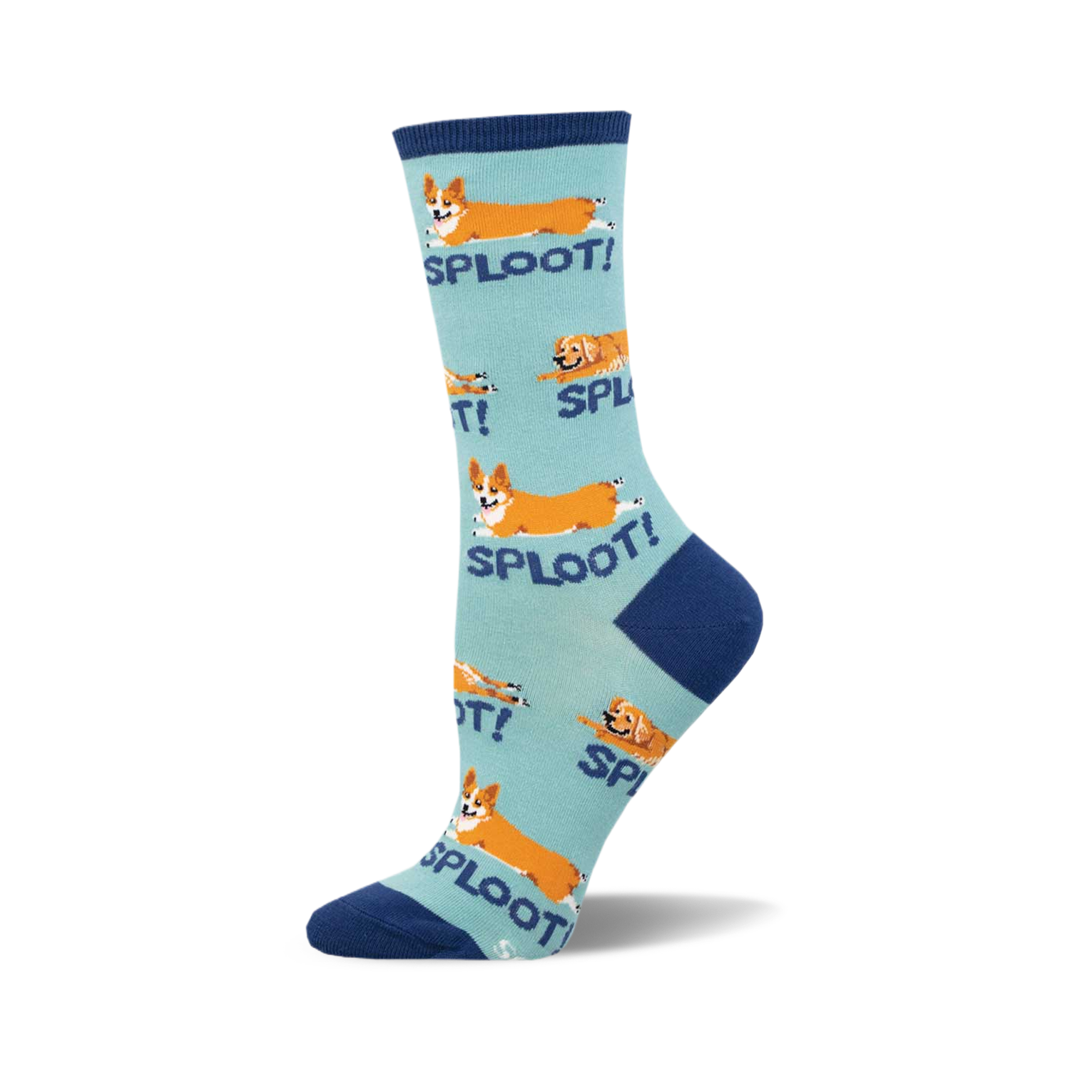 Lifestyle product shot: A pair of teal 'Sploot' socks with corgis sit on a white background.