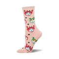 A single pink crew sock standing upright, featuring a pattern of grey and white cats wearing red crab and green frog hats.