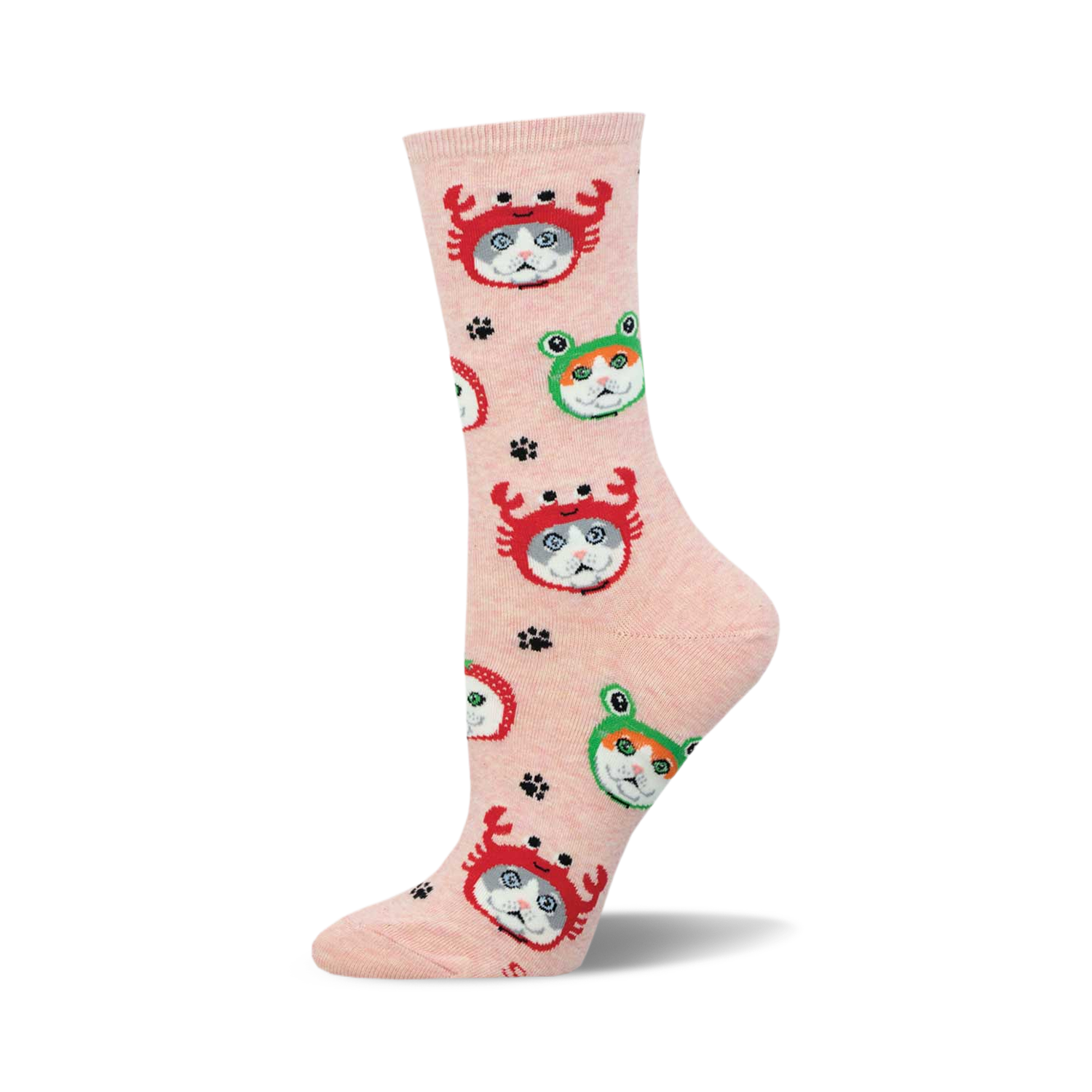 A single pink crew sock standing upright, featuring a pattern of grey and white cats wearing red crab and green frog hats.