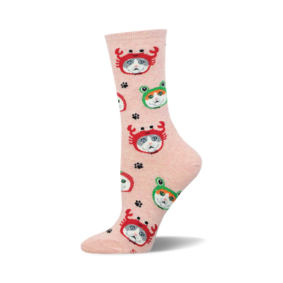 A single pink crew sock standing upright, featuring a pattern of grey and white cats wearing red crab and green frog hats.