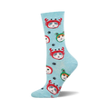 An upright light blue crew sock patterned with grey and white cats in red crab and green frog hats.
